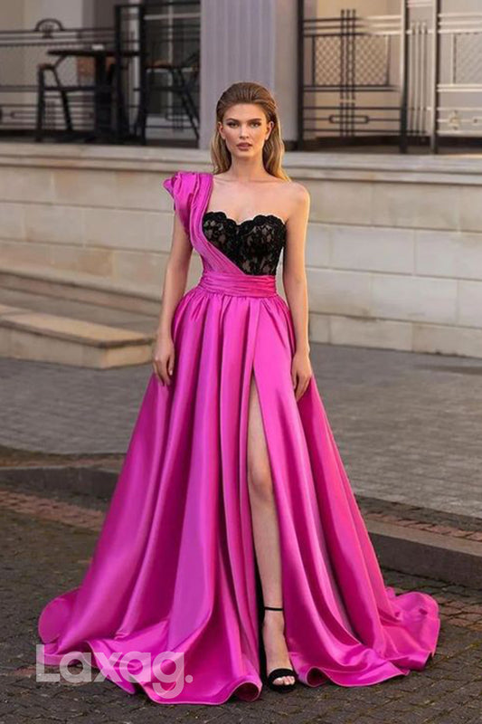 22166 - One Shoulder Appliques illusion Sleek Satin High Slit Party Prom Formal Evening Dress