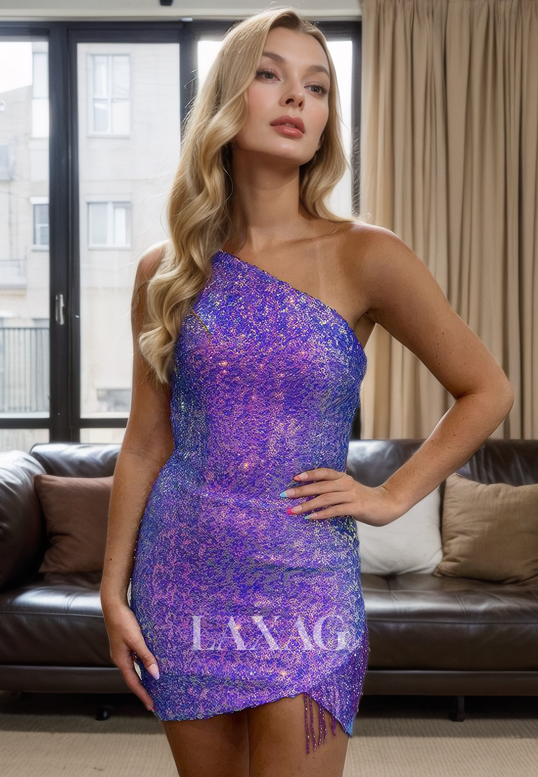 One Shoulder Backless Beaded Fully Sequins Fitted Party Homecoming Dress