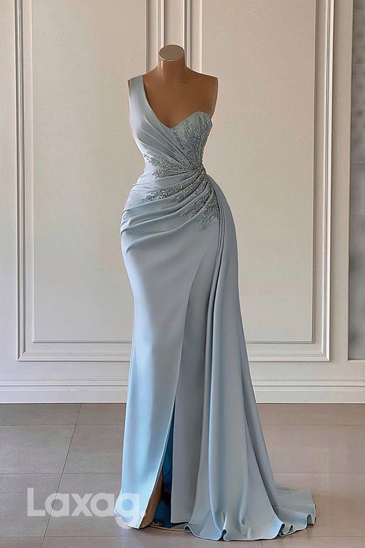 22239 - One Shoulder Beaded Draped Sleek Satin Party Prom Formal Evening Dress with Slit