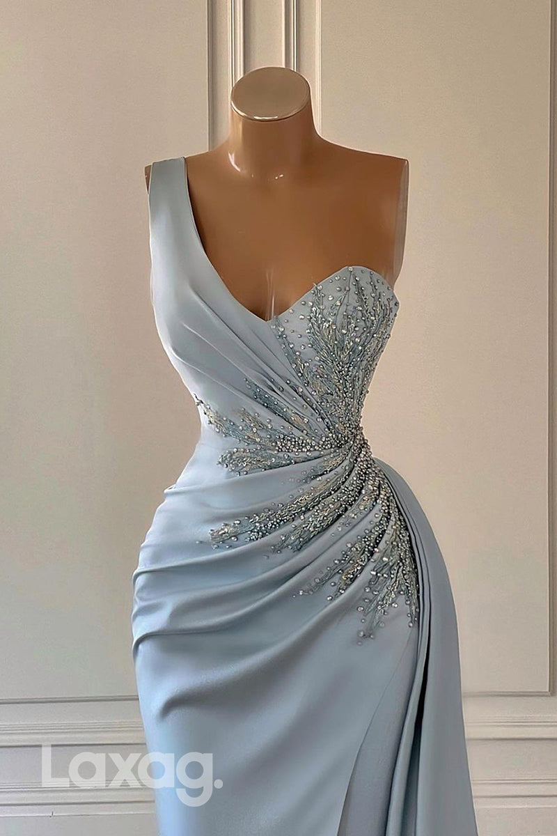 22239 - One Shoulder Beaded Draped Sleek Satin Party Prom Formal Evening Dress with Slit