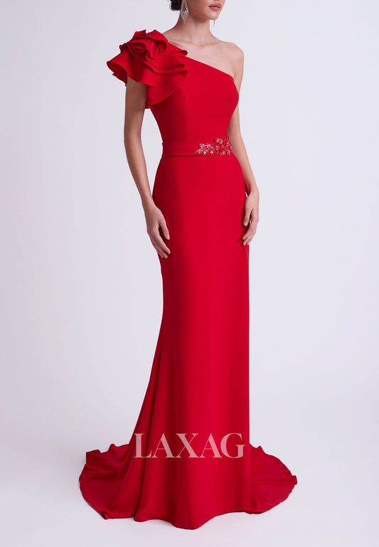 23113 - One Shoulder Beaded Sleek Satin Cocktail Party Formal Evening Dress