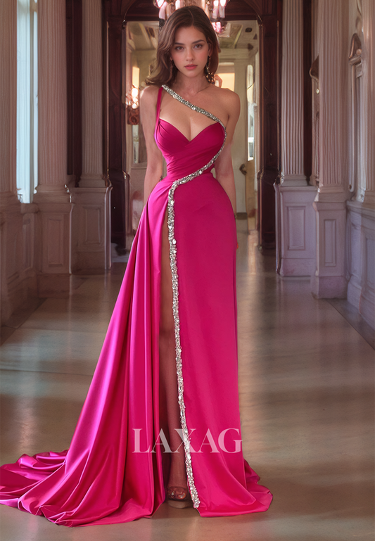 22215 - One Shoulder Beaded Sleek Satin High Slit Prom Formal Evening Dress with Train