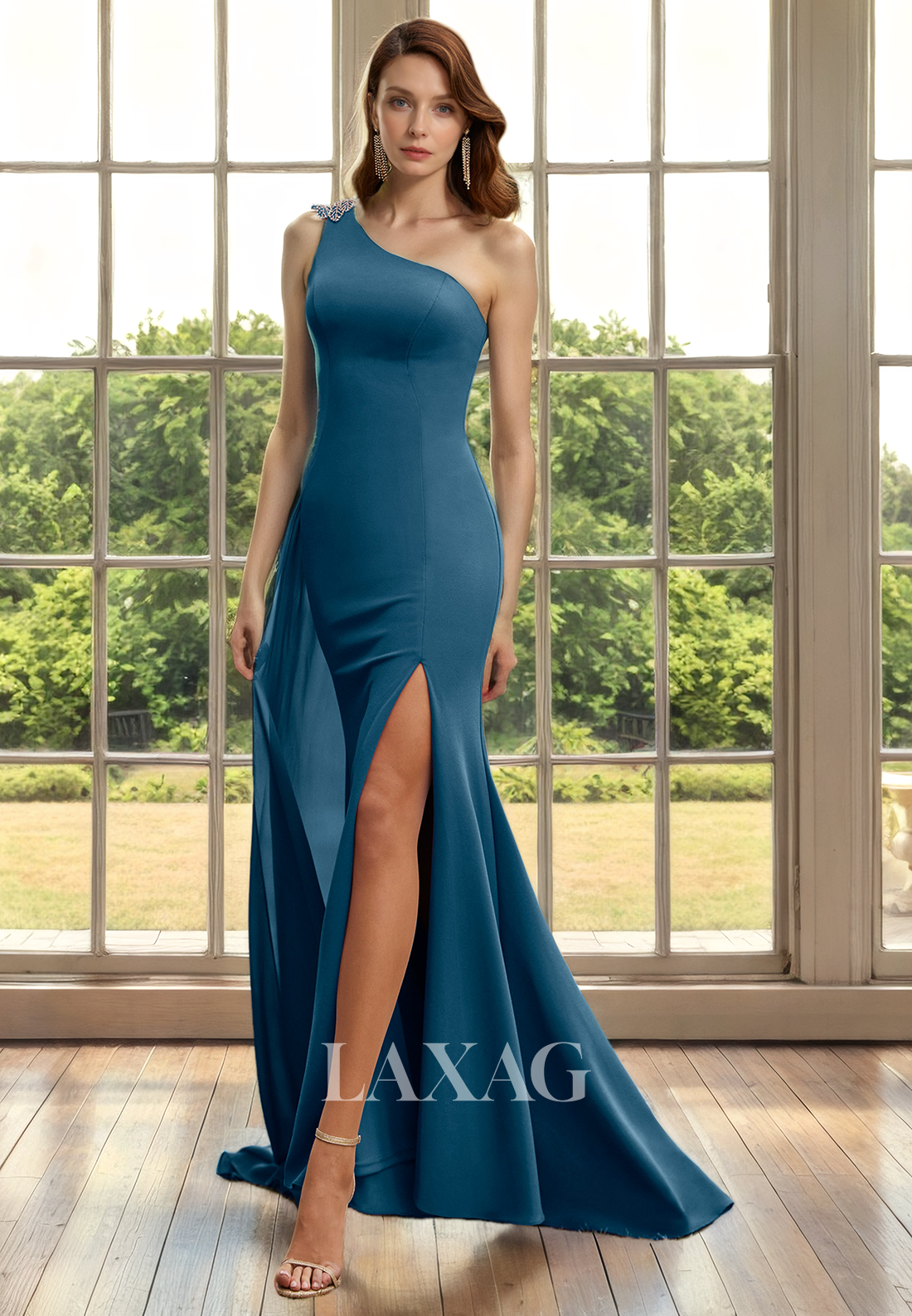 One Shoulder Beaded Sleek Satin Mermaid Mother of the Bride Dress with Slit