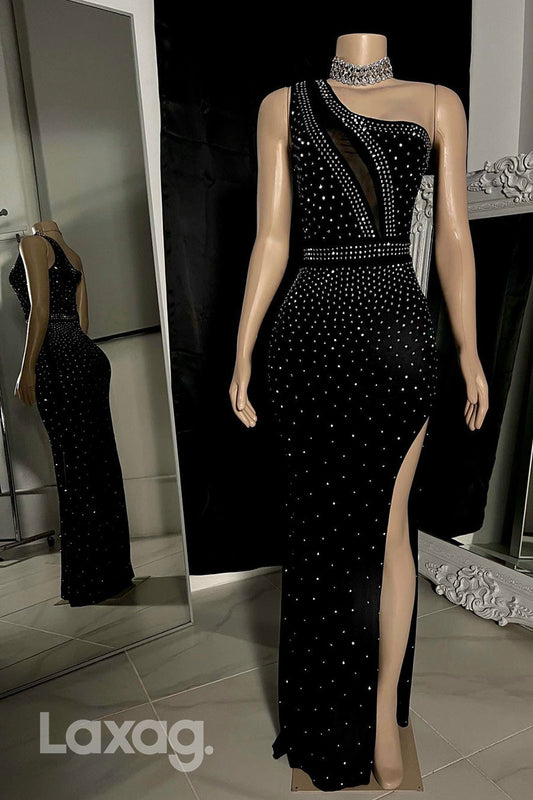 22545 - One Shoulder Beaded illusion High Slit Prom Dresses for Black Girl Slay