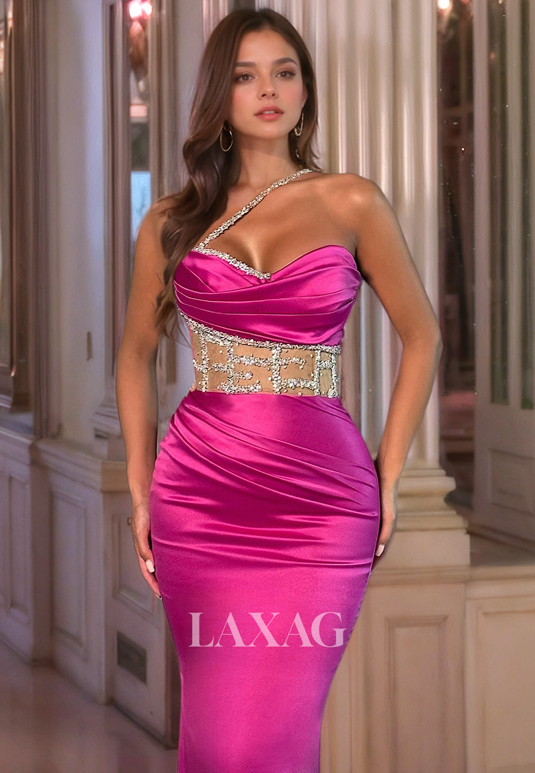 One-Strap Beaeded Satin Mermaid Prom Dress Sweetheart Sleeveless Evening Gowns with Sweep Train