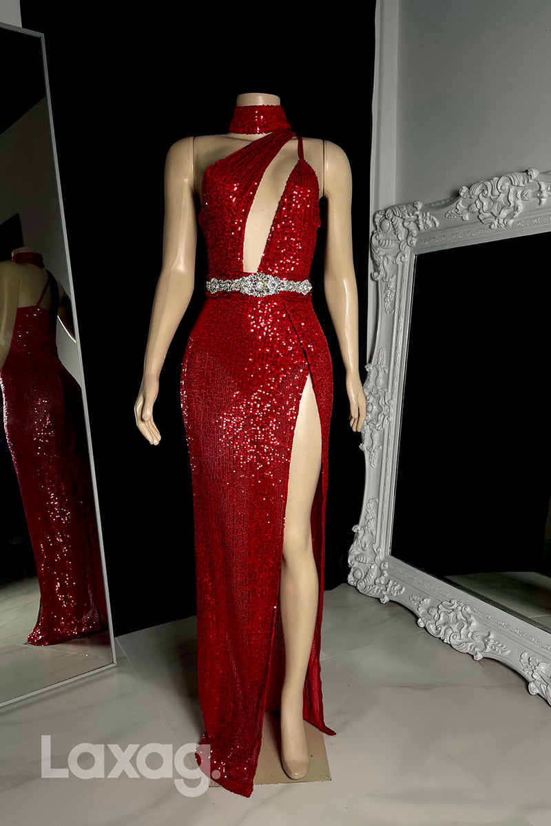 22558 - One Shoulder Cutout Sequins Rainstone High Slit Prom Dresses for Black Girl Slay