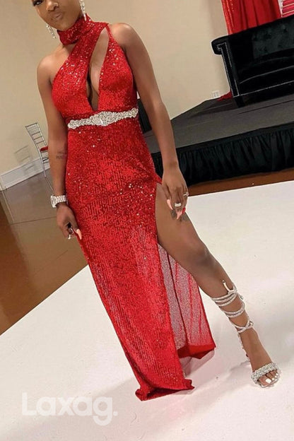 22558 - One Shoulder Cutout Sequins Rainstone High Slit Prom Dresses for Black Girl Slay