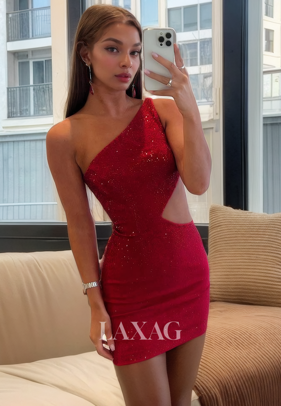 One Shoulder Cutout Sequins Sleek Satin Fitted Party Homecoming Dress