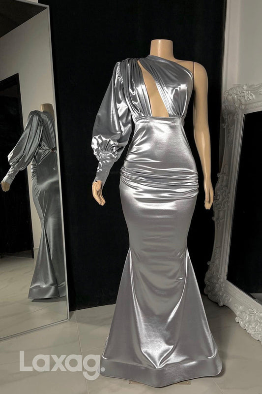 22574 - One Shoulder Cutout Sleek Satin Mermaid Prom Dresses for Black Girl Slay