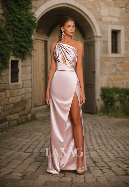 23185 - One Shoulder Cutout Sleek Satin Party Prom Formal Evening Dress with Slit