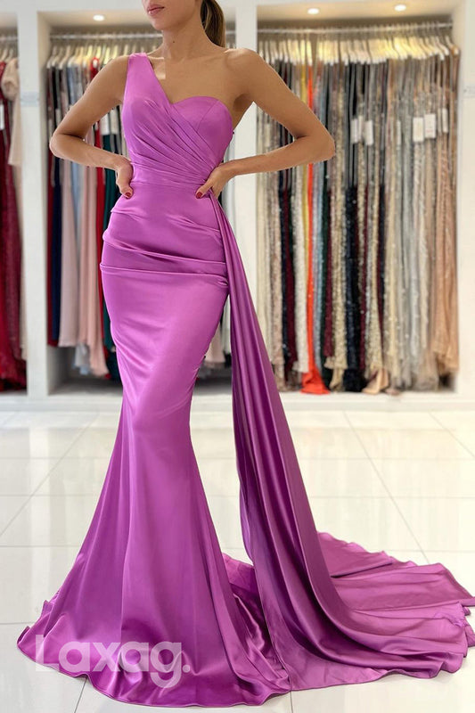 22256 - One Shoulder Draped Sleek Satin Mermaid Party Prom Formal Evening Dress with Train