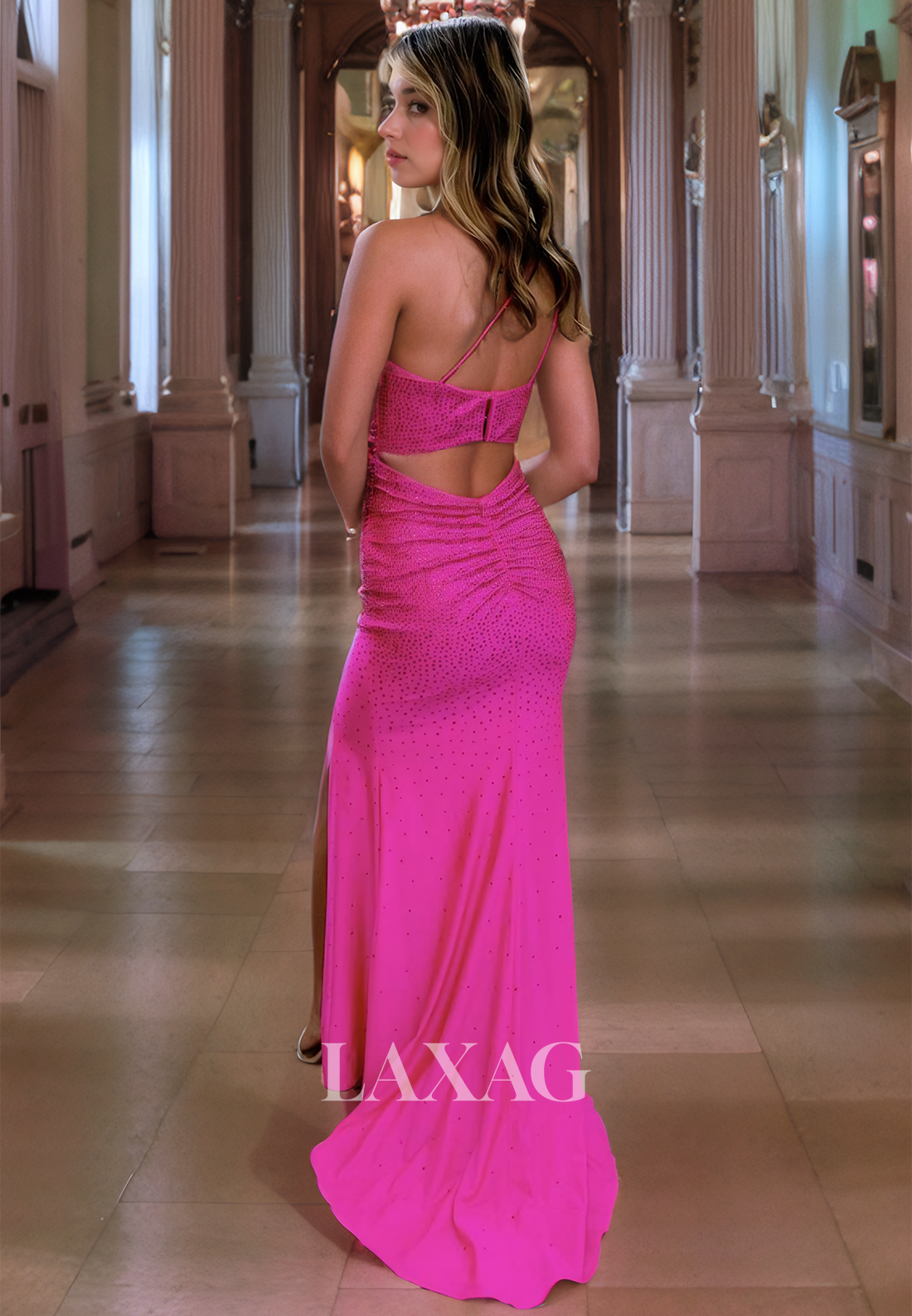 21929 - One Shoulder Ruched Pink Mermaid Formal Prom Dress with Slit