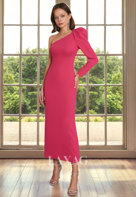 One Shoulder Long Sleeves Sleek Satin Ankle-Length Mother of the Bride Dress