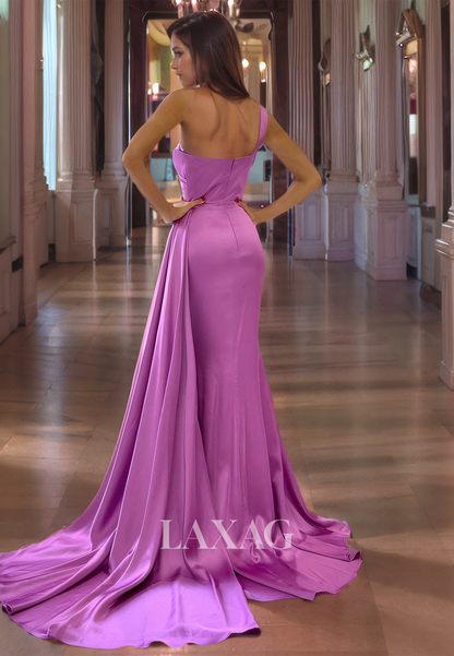 18798 - Chic One Shoulder Purple Satin Pleats Mermaid Formal Evening Dresses