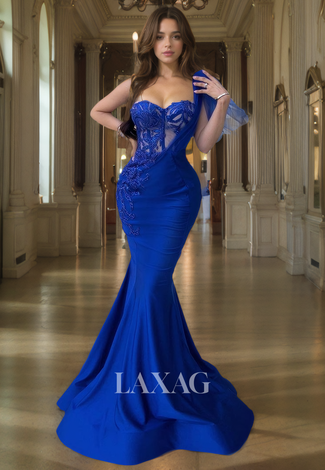 One Shoulder Sequins Sleek Satin Mermaid Party Prom Formal Evening Dress with Train