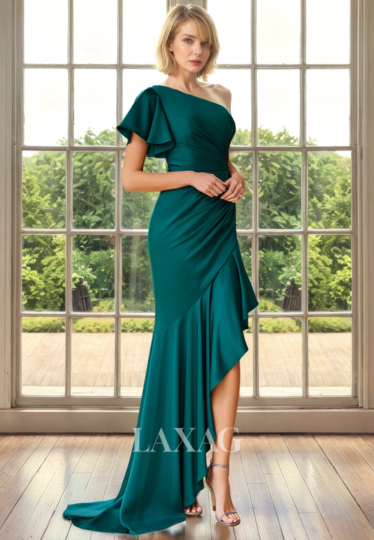 One Shoulder Short Sleeves Pleated Sleek Satin Mother of the Bride Dress