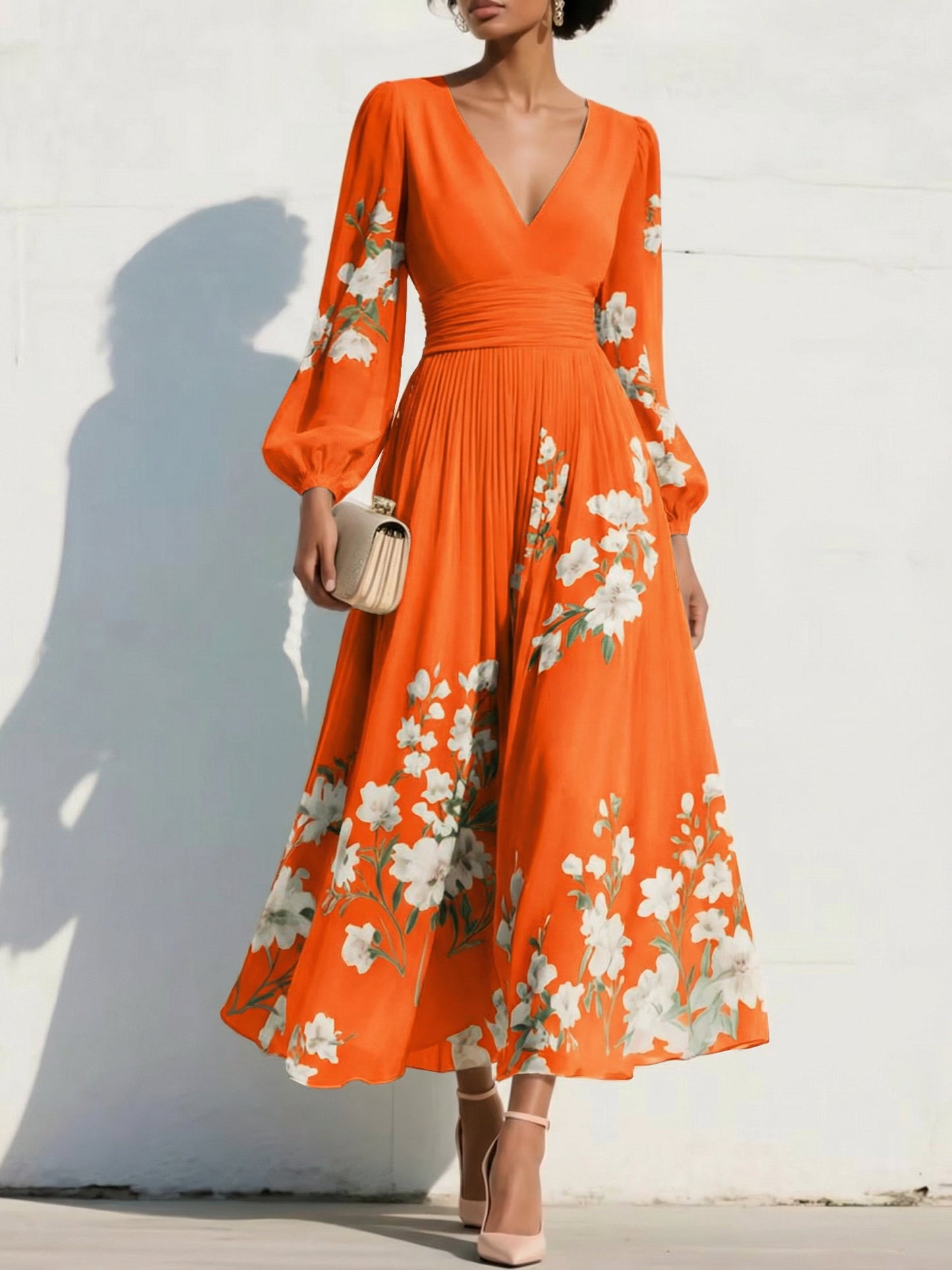 V-Neck Long-Sleeves Print-Chiffon Pleated Tea-Length A-Line Mother of the Bride Dress
