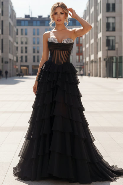 Off-Shoulder Sweethear Beaded Print-Chiffon Pleated Ruffled Tiered A-line Prom Dress