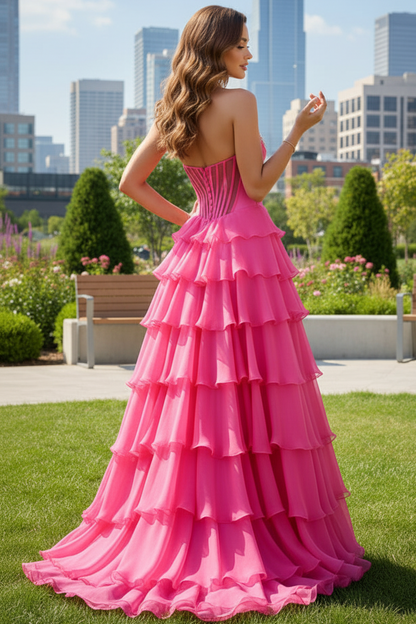 Off-Shoulder Sweethear Beaded Print-Chiffon Pleated Ruffled Tiered A-line Prom Dress