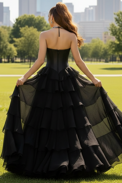 Sweethear Floor-Length Beaded Chiffon Pleated Ruffled Tiered A-line Prom Dress with High Slit