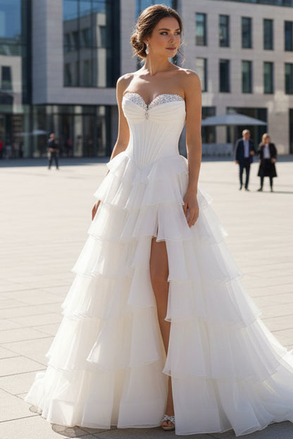 Sweethear Floor-Length Beaded Chiffon Pleated Ruffled Tiered A-line Prom Dress with High Slit