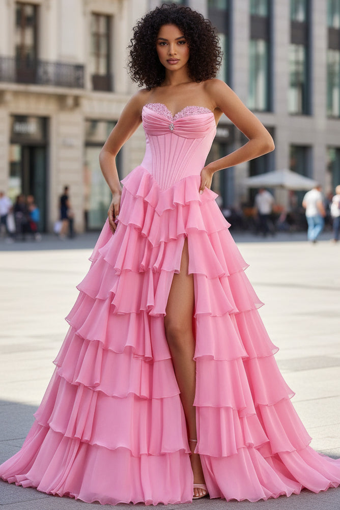 Sweethear Floor-Length Beaded Chiffon Pleated Ruffled Tiered A-line Prom Dress with High Slit