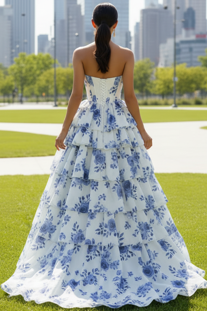 Sweethear Off-Shoulder Sleeveless Print-Chiffon Pleated Ruffled Tiered A-line Prom Dress