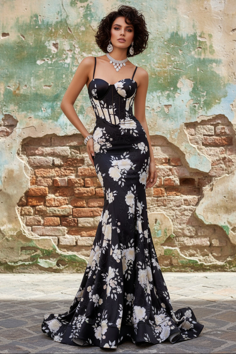 Sweethear Spaghetti Straps Sleeveless Print-Satin Pleated Sweep Train Mermaid Prom Dress