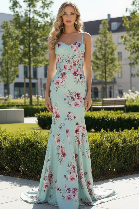 Sweethear Spaghetti Straps Sleeveless Print-Satin Pleated Sweep Train Mermaid Prom Dress