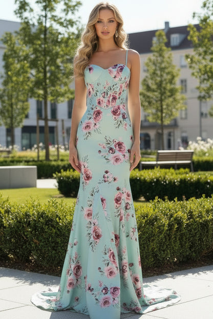 Sweethear Spaghetti Straps Sleeveless Print-Satin Pleated Sweep Train Mermaid Prom Dress