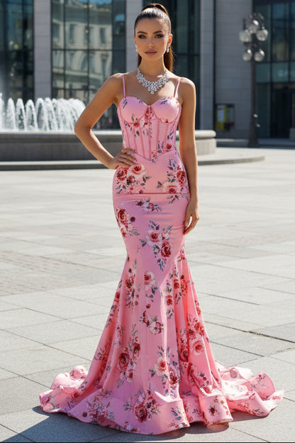 Sweethear Spaghetti Straps Sleeveless Print-Satin Pleated Sweep Train Mermaid Prom Dress