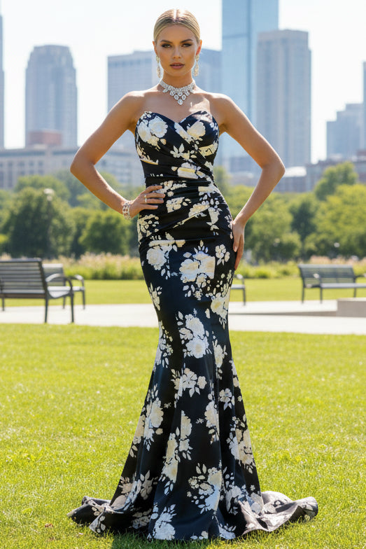 Sweethear Off-Shoulder Sleeveless Print-Satin Pleated Floor-Length Mermaid Prom Dress