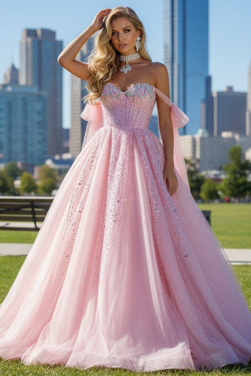 Sweethear Off-Shoulder Sleeveless Sequined Beaded Tulle Pleated A-line Prom Dress