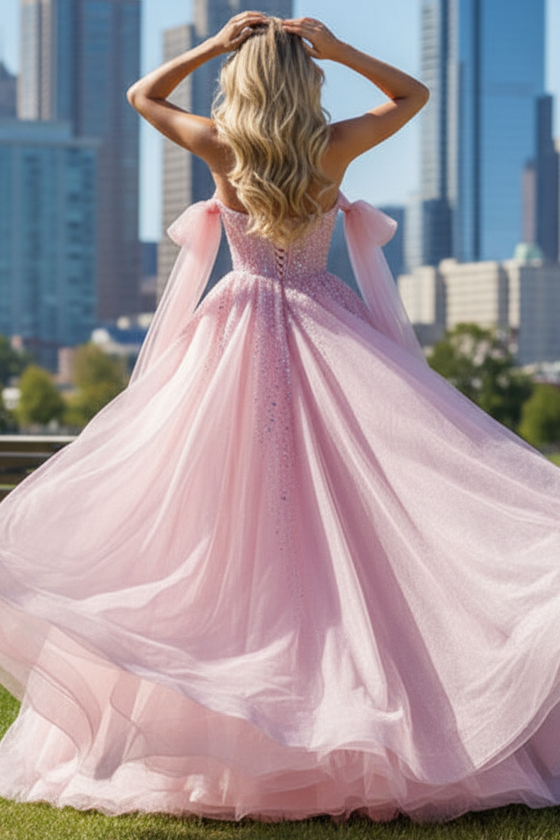 Sweethear Off-Shoulder Sleeveless Sequined Beaded Tulle Pleated A-line Prom Dress