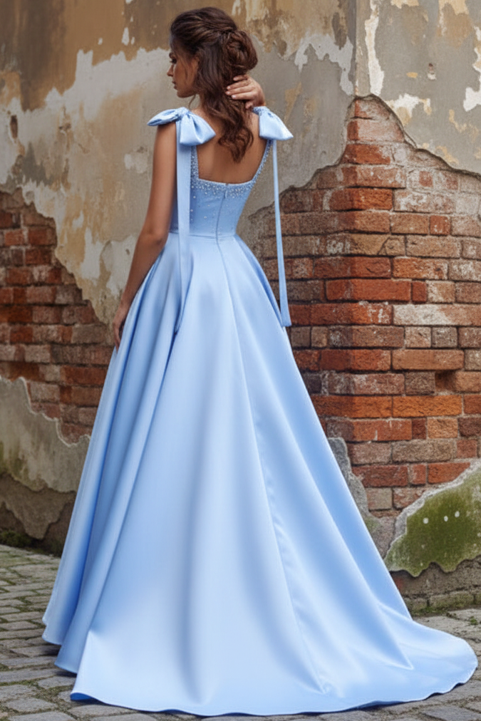 Tube Top Bows-Straps Sleeveless Beaded Satin Pleated Floor-Length A-Line Prom Dress