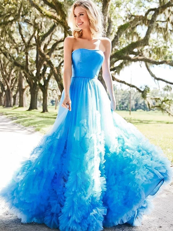 Tube Top Off-Shoulder Sleeveless Satin&Tulle Pleated Tiered A-line Prom Dress