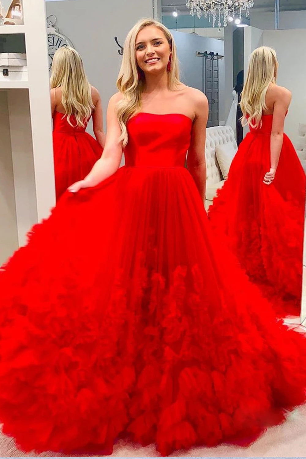 Tube Top Off-Shoulder Sleeveless Satin&Tulle Pleated Tiered A-line Prom Dress