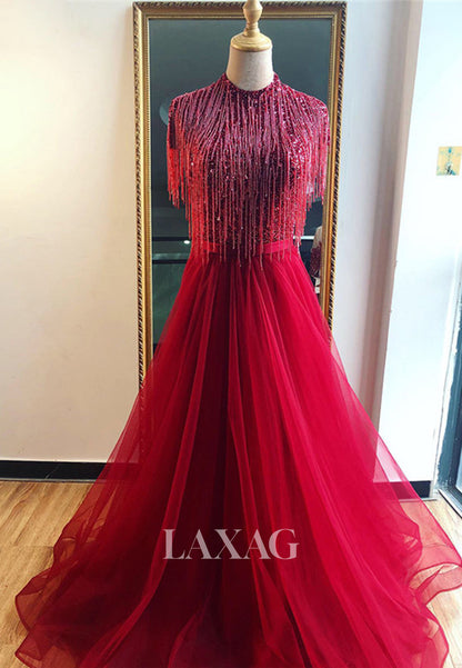 Unique High-Neck Cap-Sleeves Sequins Beaded Pleated Tulle A-Line Formal Evening Dress