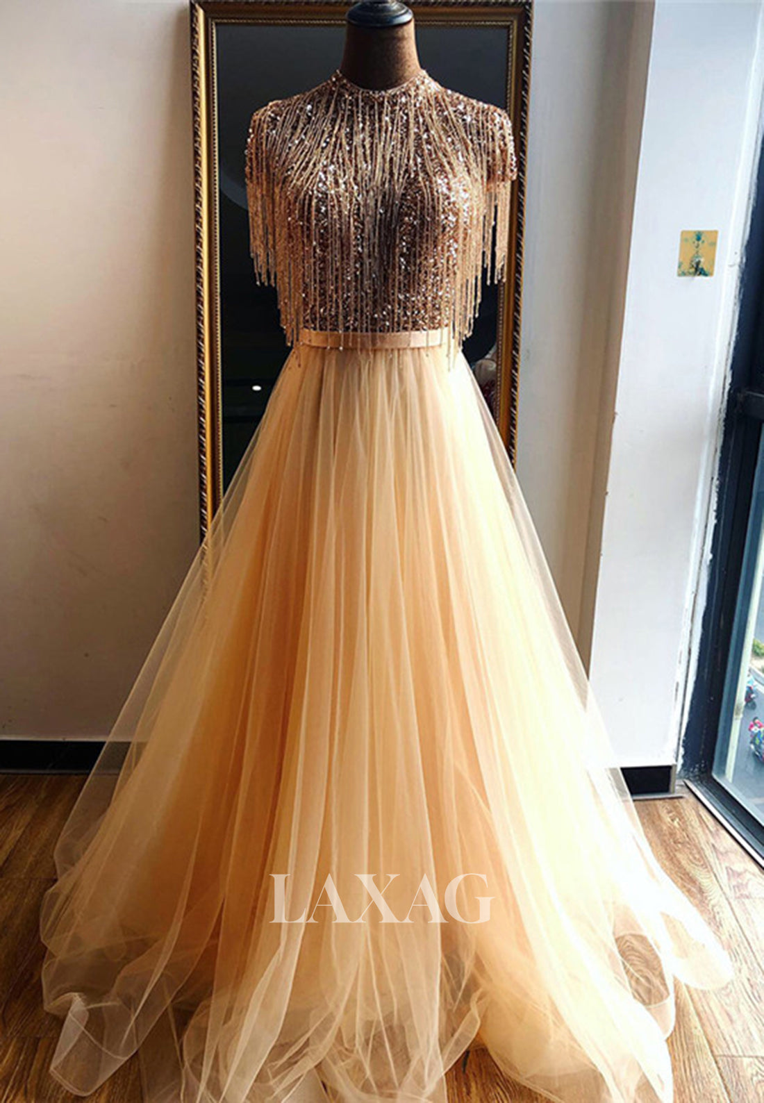 Unique High-Neck Cap-Sleeves Sequins Beaded Pleated Tulle A-Line Formal Evening Dress