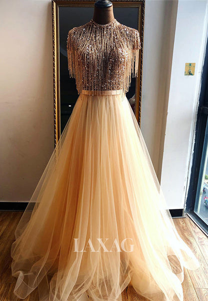 Unique High-Neck Cap-Sleeves Sequins Beaded Pleated Tulle A-Line Formal Evening Dress