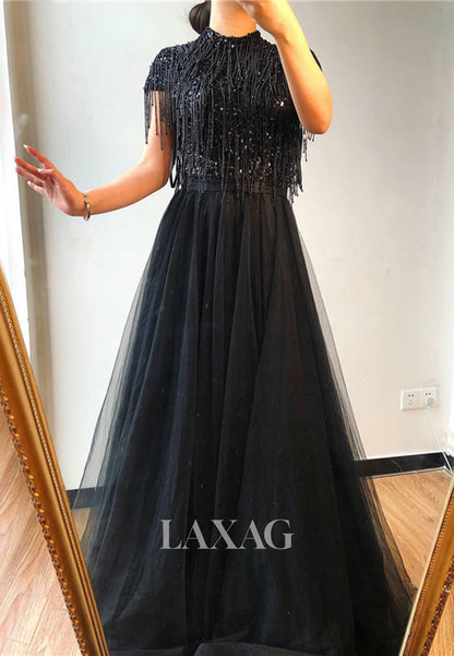 Unique High-Neck Cap-Sleeves Sequins Beaded Pleated Tulle A-Line Formal Evening Dress