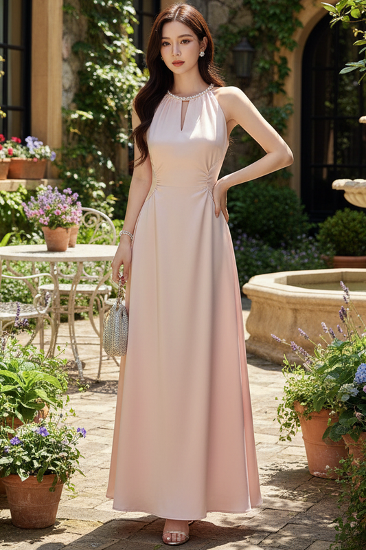 Scoop-Neck Off-Shoulder Sleeveless Beaded Satin Pleated Floor-Length A-Line Prom Dress