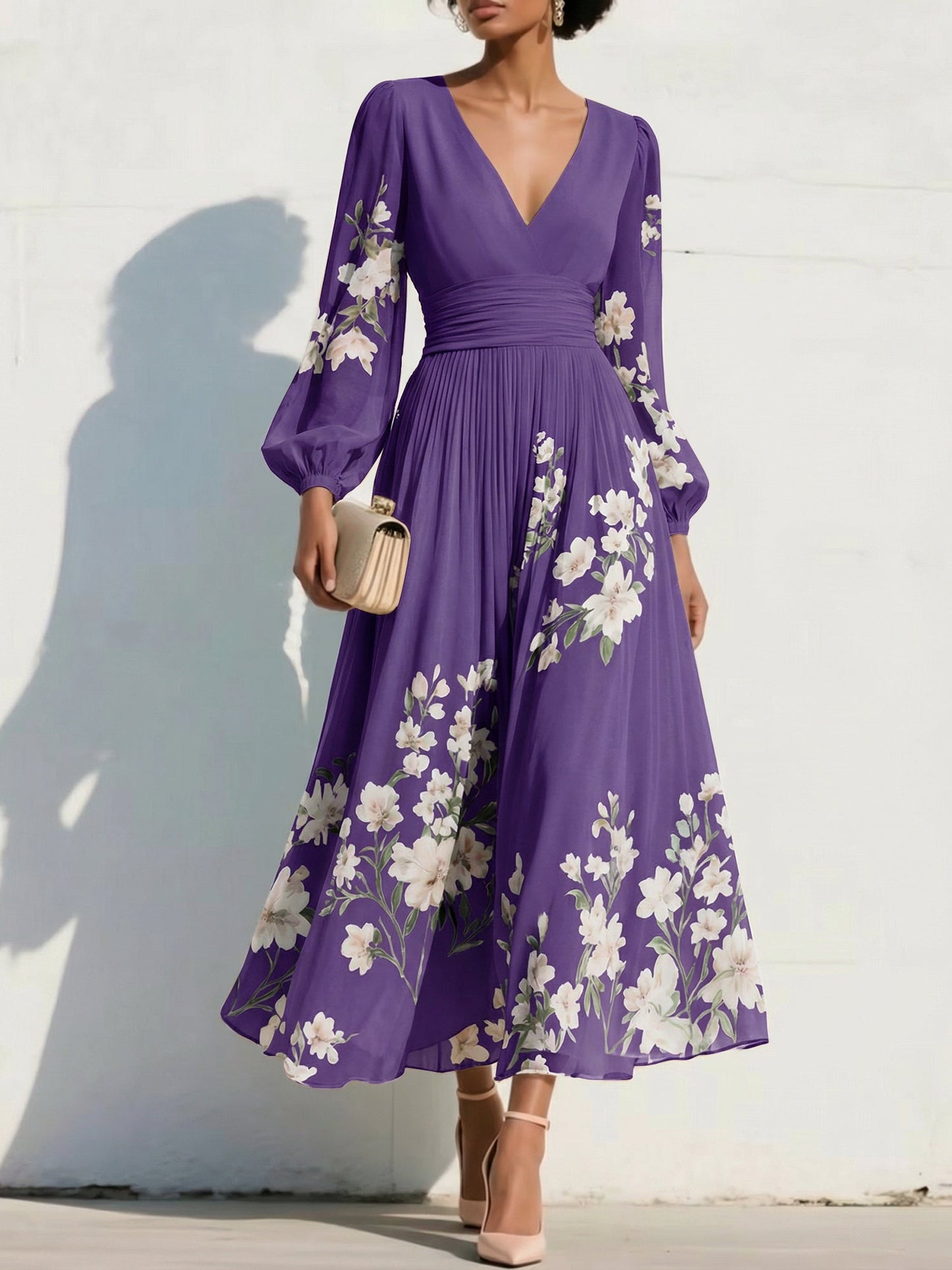 V-Neck Long-Sleeves Print-Chiffon Pleated Tea-Length A-Line Mother of the Bride Dress