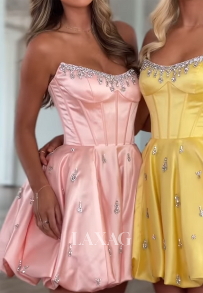 Beaded Scoop-Neck Off-Shoulder Sleeveless Pleated Satin Short A-Line Party Homecoming Dress