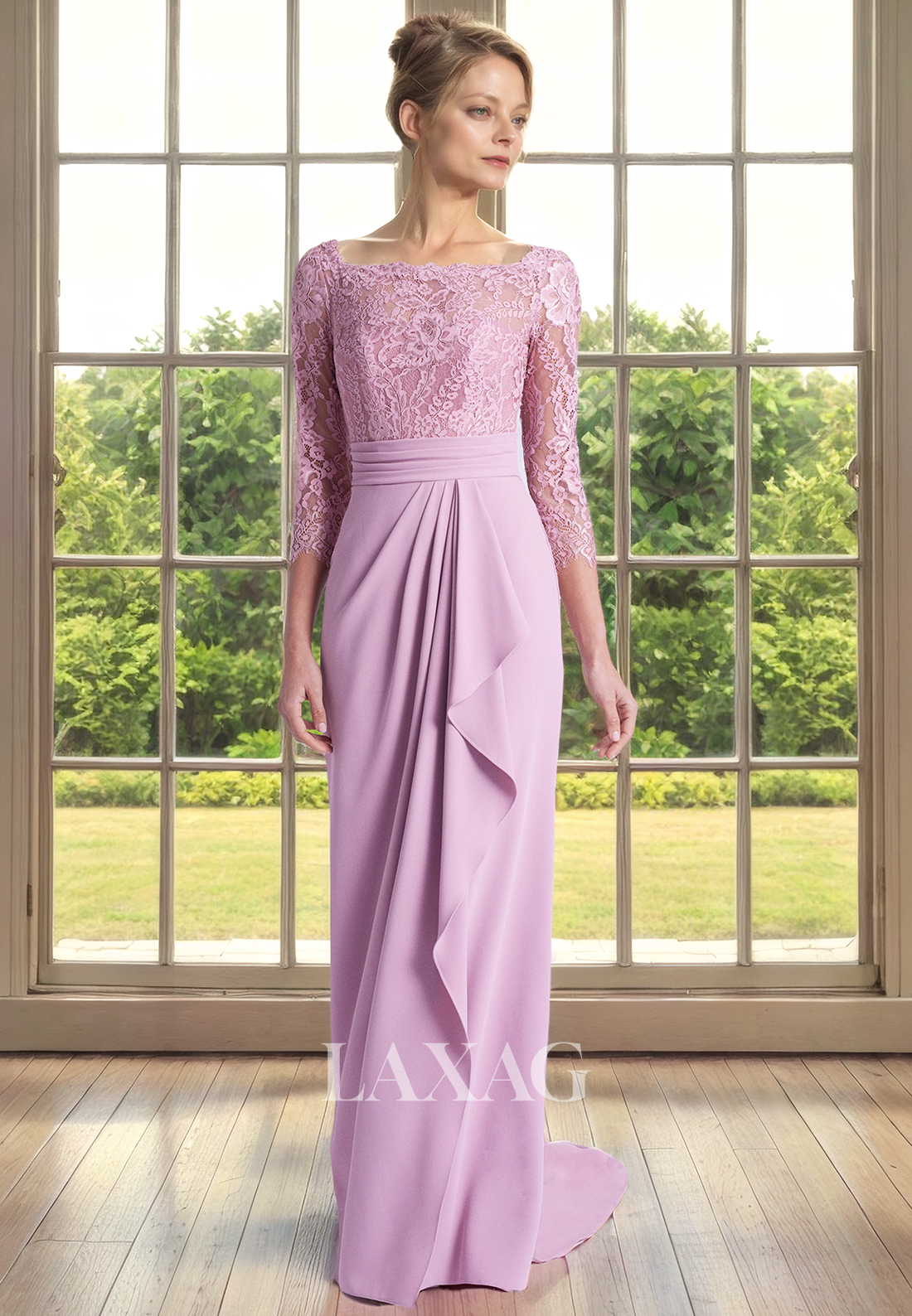 Quarter Sleeves Lace Appliques Sleek Satin Mother of the Bride Dress with Train