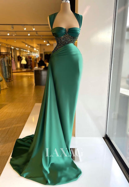 Sweetheart Sleeveless Beaded Pleated Satin Mermaid Prom Dress with Sweep Train