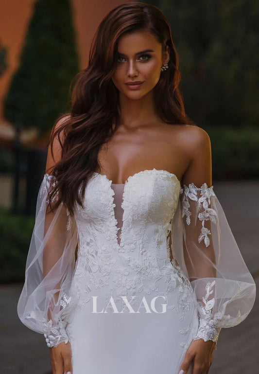 Sweethart Tulle-Long-Sleeves Bride Gowns Applique Bweaded Mermaid Wedding Dress with Lace Train