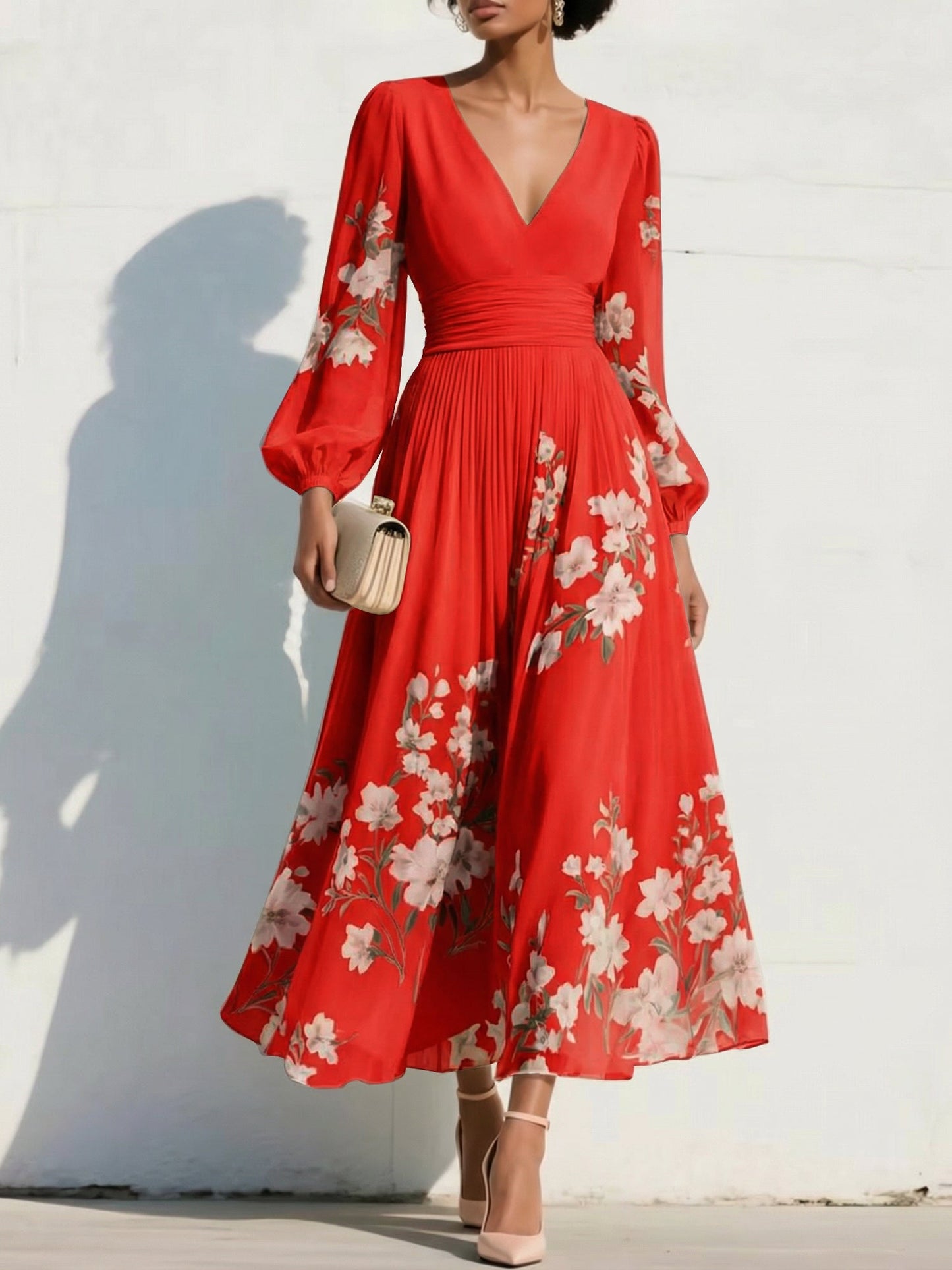 V-Neck Long-Sleeves Print-Chiffon Pleated Tea-Length A-Line Mother of the Bride Dress