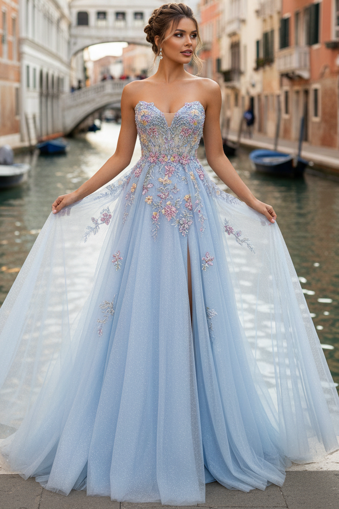 Sweetheart Off-Shoulder Floral Embellished Applique Tulle Pleated A-Line Prom Dress