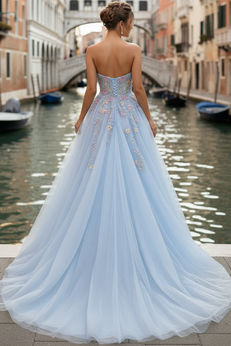 Sweetheart Off-Shoulder Floral Embellished Applique Tulle Pleated A-Line Prom Dress